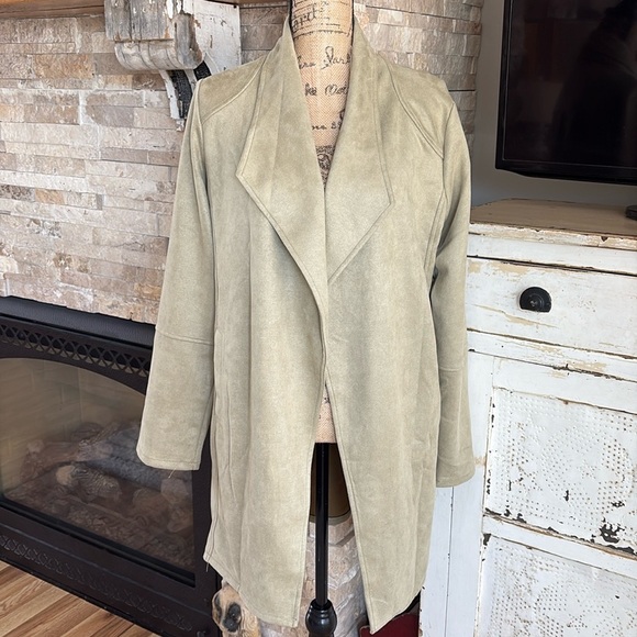 hem & thread tan long line open front light faux suede jacket with side pockets - Picture 1 of 16